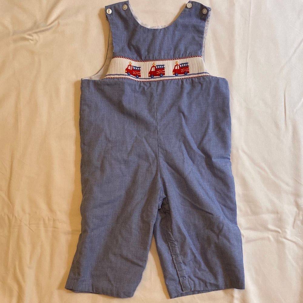 Petit Bebe Blue Gingham Kids Overalls with Smocked Fire Trucks